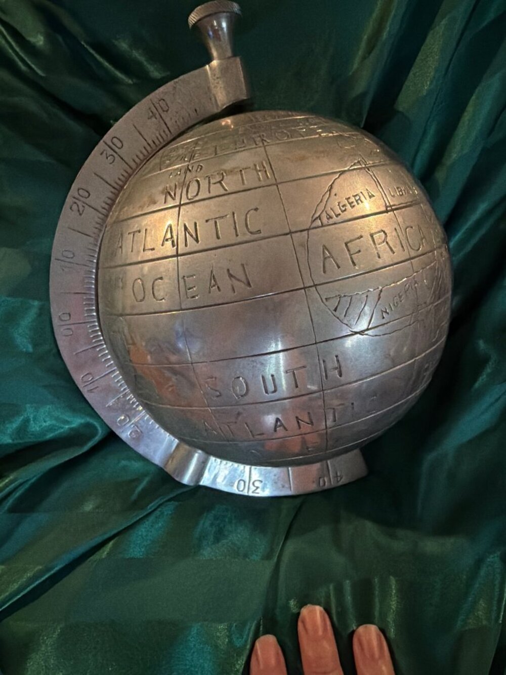 Vintage Metal Globe with Engraved Continents and Oceans
